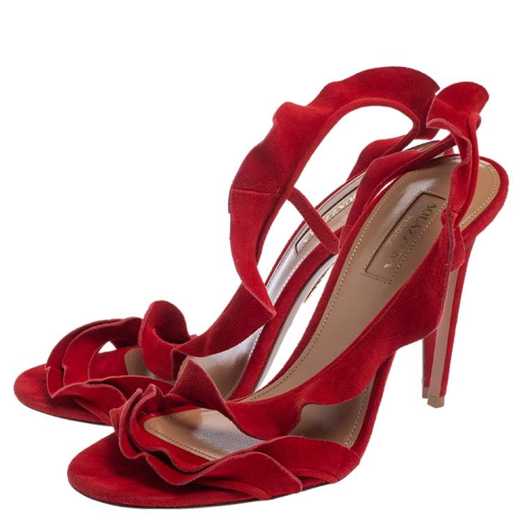 Pre Owned Aquazzura Red Suede Ruffle Sandals Size 37