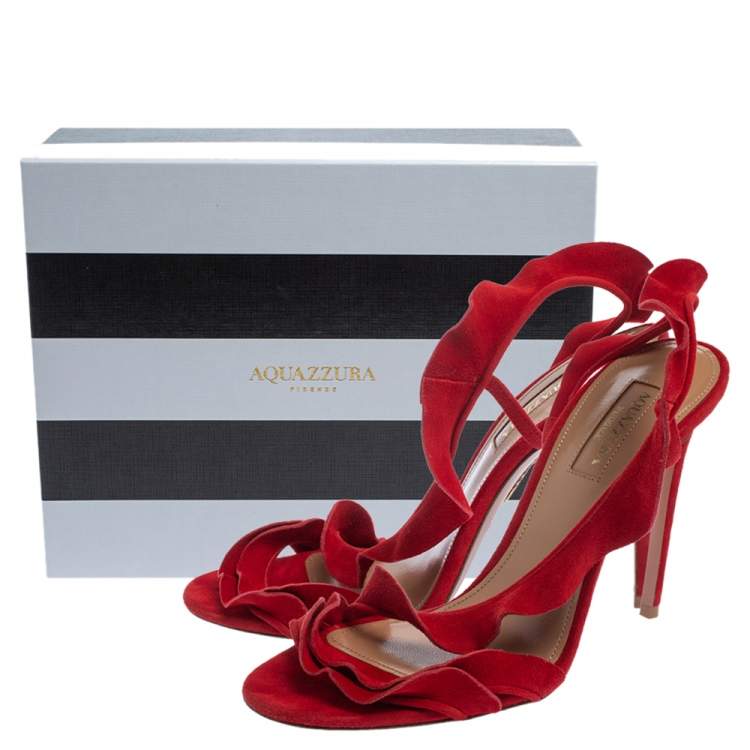 Pre Owned Aquazzura Red Suede Ruffle Sandals Size 37