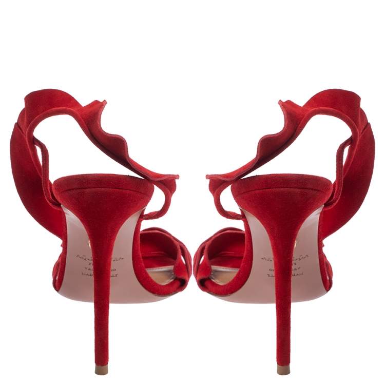 Pre Owned Aquazzura Red Suede Ruffle Sandals Size 37
