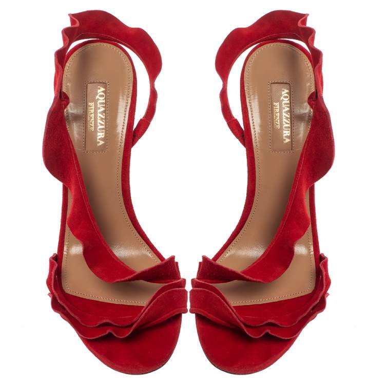 Pre Owned Aquazzura Red Suede Ruffle Sandals Size 37