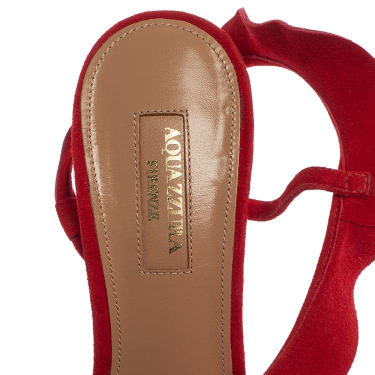 Pre Owned Aquazzura Red Suede Ruffle Sandals Size 37