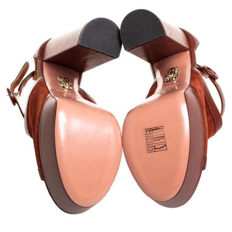 Pre Owned Aquazzura Brown Suede And Leather Issa Platform Ankle Strap Sandals Size 35.5