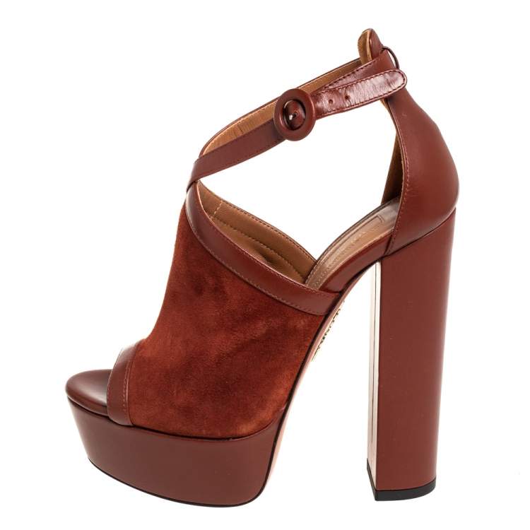 Pre Owned Aquazzura Brown Suede And Leather Issa Platform Ankle Strap Sandals Size 35.5