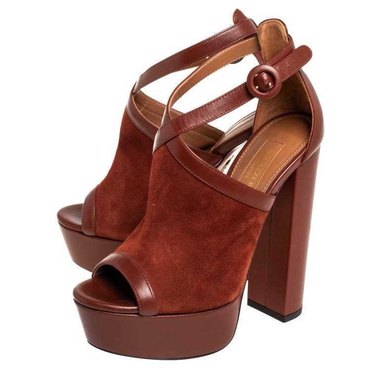 Pre Owned Aquazzura Brown Suede And Leather Issa Platform Ankle Strap Sandals Size 35.5