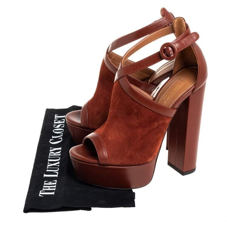 Pre Owned Aquazzura Brown Suede And Leather Issa Platform Ankle Strap Sandals Size 35.5