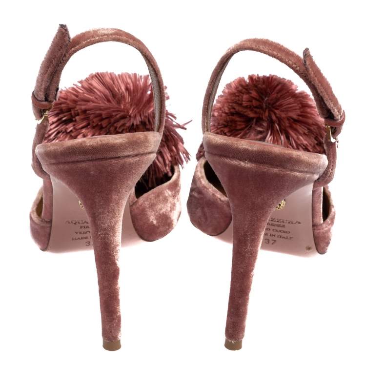 Pre Owned Aquazzura Pink Velvet Powder Puff Pointed Toe Slingback Sandals Size 37