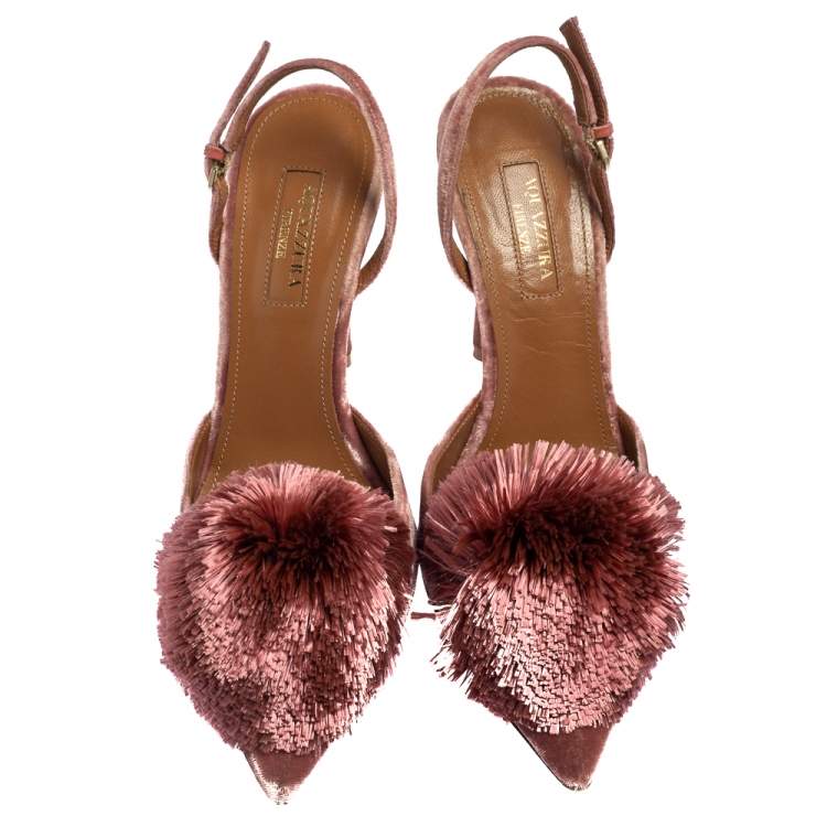 Pre Owned Aquazzura Pink Velvet Powder Puff Pointed Toe Slingback Sandals Size 37