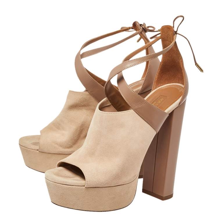 Pre Owned Aquazzura Beige/Brown Suede And Leather Kaya Platform Sandals Size 38