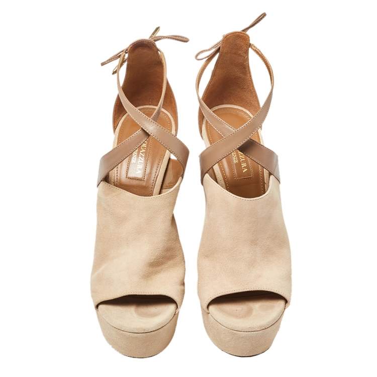 Pre Owned Aquazzura Beige/Brown Suede And Leather Kaya Platform Sandals Size 38