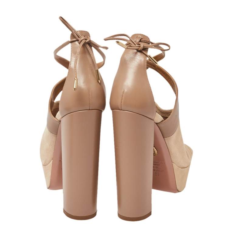 Pre Owned Aquazzura Beige/Brown Suede And Leather Kaya Platform Sandals Size 38