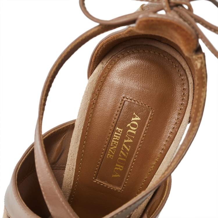 Pre Owned Aquazzura Beige/Brown Suede And Leather Kaya Platform Sandals Size 38