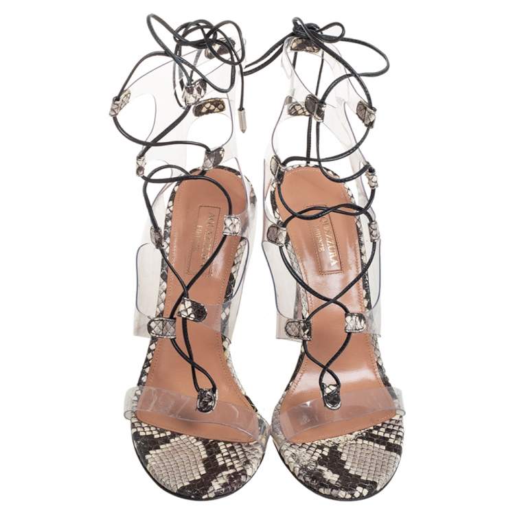 Pre Owned Aquazzura Beige/Brown Python Embossed Leather And PVC Lace Up Sandals Size 37.5