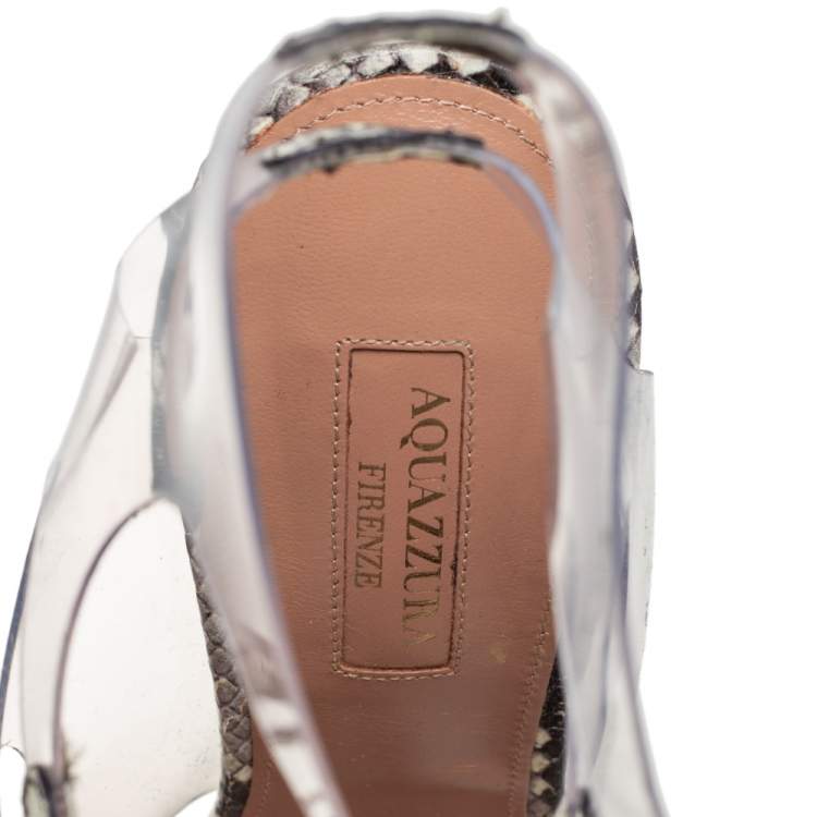 Pre Owned Aquazzura Beige/Brown Python Embossed Leather And PVC Lace Up Sandals Size 37.5