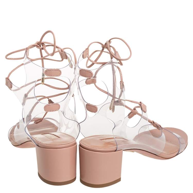 Pre Owned Aquazzura Beige Leather And PVC Lace Up Sandals Size 38