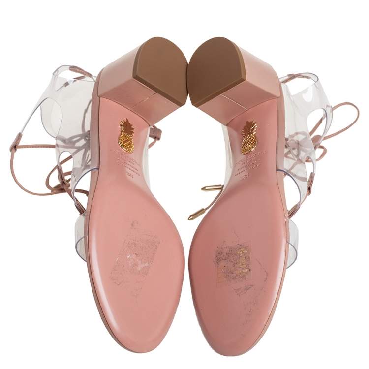 Pre Owned Aquazzura Beige Leather And PVC Lace Up Sandals Size 38