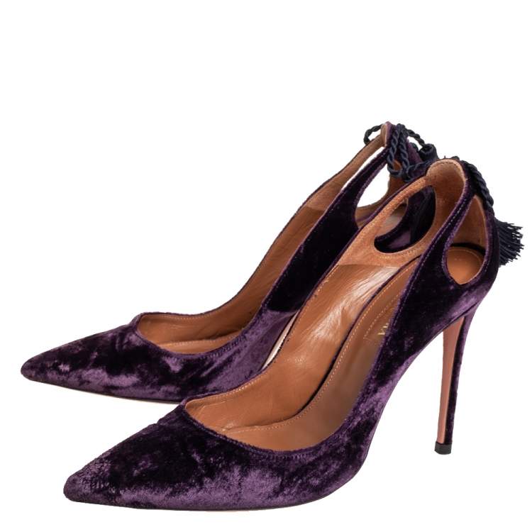 Pre Owned Aquazzura Purple Velvet Forever Marilyn Pointed Toe Pumps Size 37.5