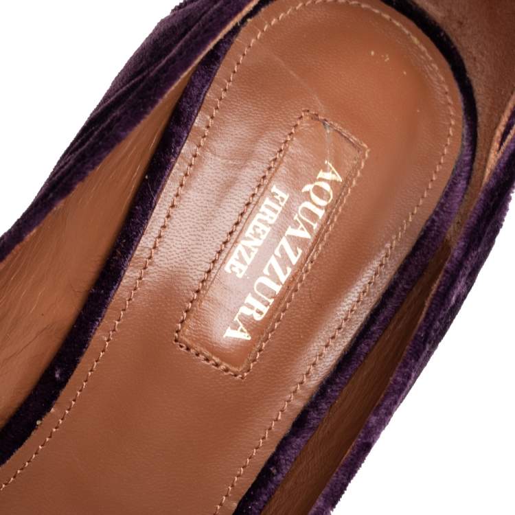 Pre Owned Aquazzura Purple Velvet Forever Marilyn Pointed Toe Pumps Size 37.5