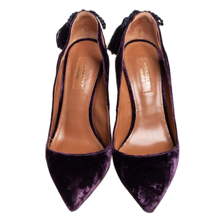 Pre Owned Aquazzura Purple Velvet Forever Marilyn Pointed Toe Pumps Size 37.5