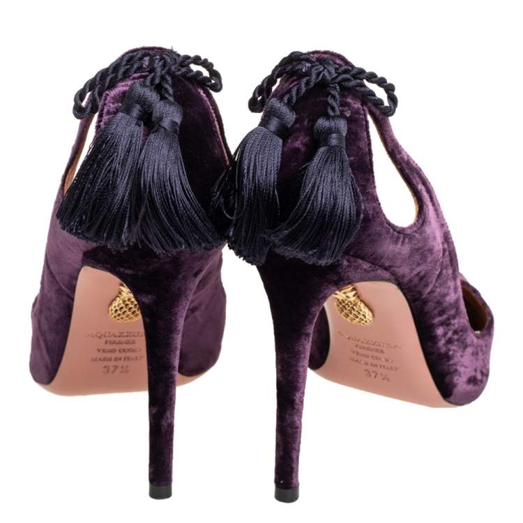 Pre Owned Aquazzura Purple Velvet Forever Marilyn Pointed Toe Pumps Size 37.5