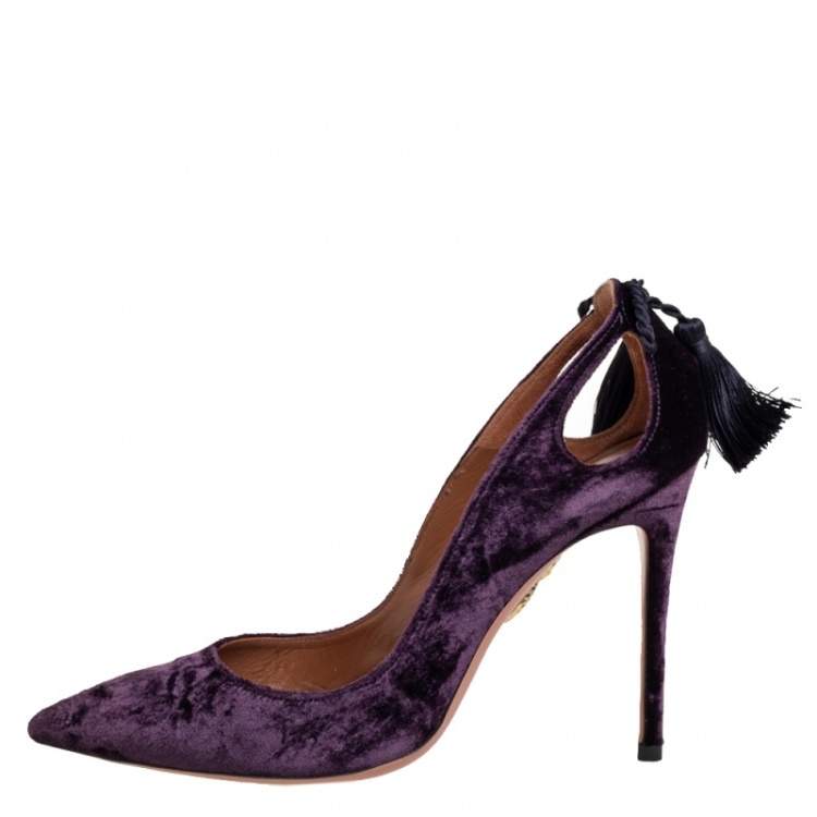 Pre Owned Aquazzura Purple Velvet Forever Marilyn Pointed Toe Pumps Size 37.5
