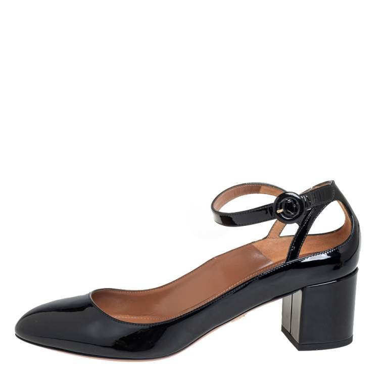 Pre Owned Aquazzura Black Patent Leather Sweet Thing Block Heel Ankle Strap Pump Size 39