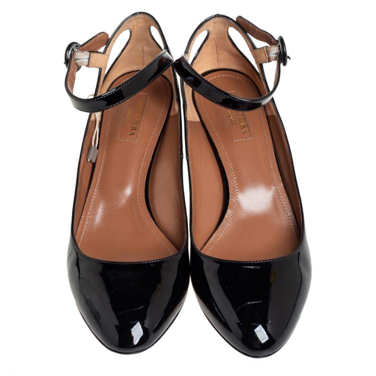 Pre Owned Aquazzura Black Patent Leather Sweet Thing Block Heel Ankle Strap Pump Size 39