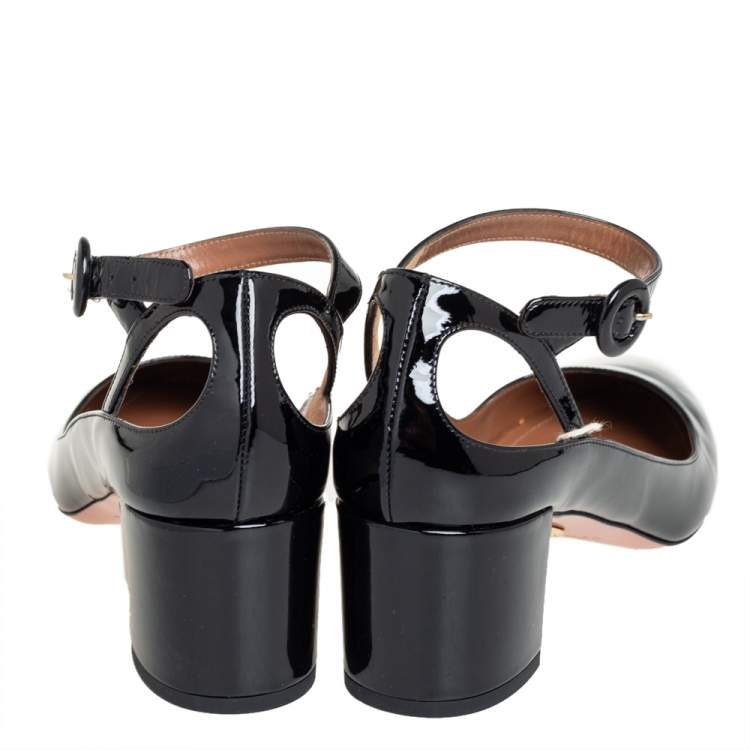 Pre Owned Aquazzura Black Patent Leather Sweet Thing Block Heel Ankle Strap Pump Size 39