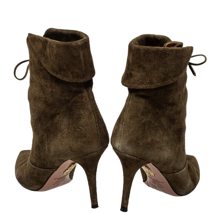 Pre Owned Aquazzura Brown Olive Green Suede Tribeca Ankle Boots Size 39