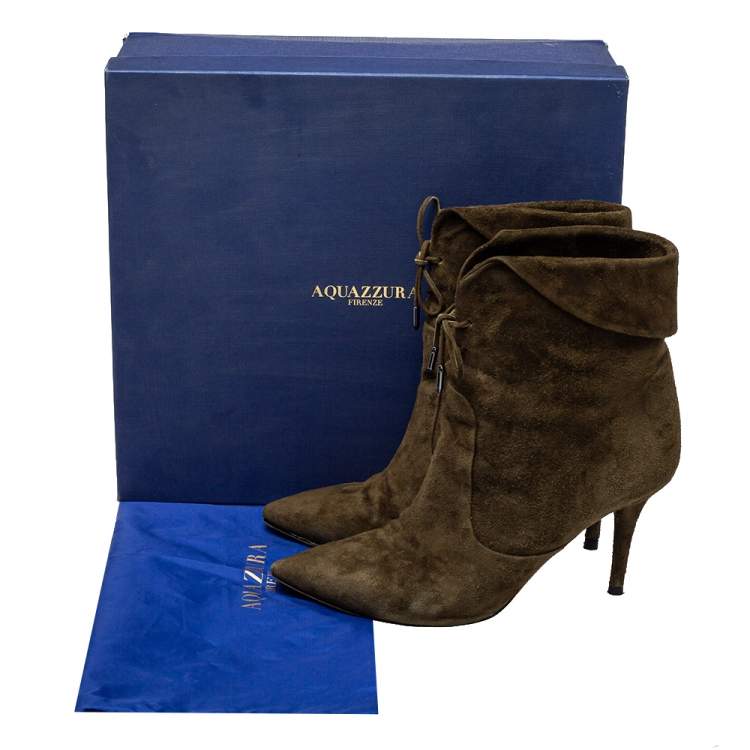 Pre Owned Aquazzura Brown Olive Green Suede Tribeca Ankle Boots Size 39