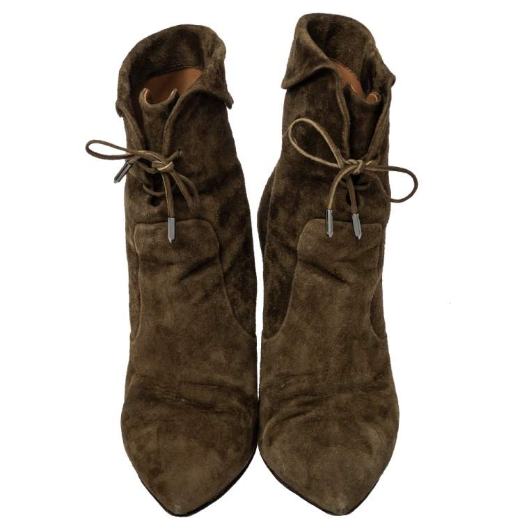 Pre Owned Aquazzura Brown Olive Green Suede Tribeca Ankle Boots Size 39