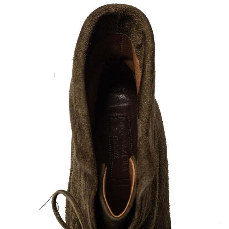 Pre Owned Aquazzura Brown Olive Green Suede Tribeca Ankle Boots Size 39