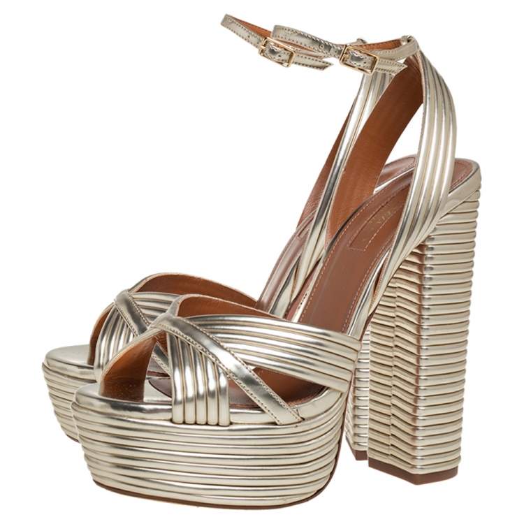 Pre Owned Aquazzura Gold Leather Platform Sundance Ankle Buckle Sandals Size 35.5