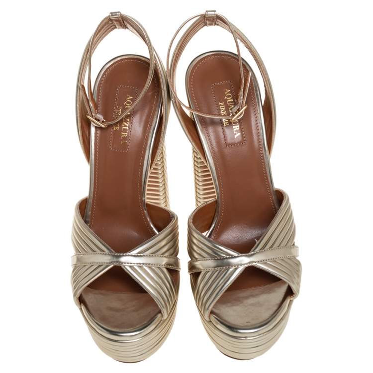 Pre Owned Aquazzura Gold Leather Platform Sundance Ankle Buckle Sandals Size 35.5