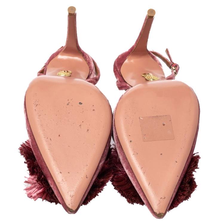مملوكة مسبقًا Aquazzura Pink Velvet Powder Puff Pointed Toe Slingback Sandals Size 39