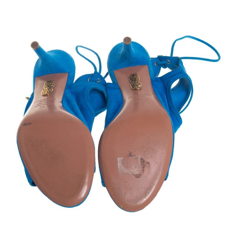 Pre Owned Aquazzura Blue Suede Sexy Thing Peep Toe Sandals Size 39