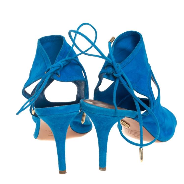 Pre Owned Aquazzura Blue Suede Sexy Thing Peep Toe Sandals Size 39