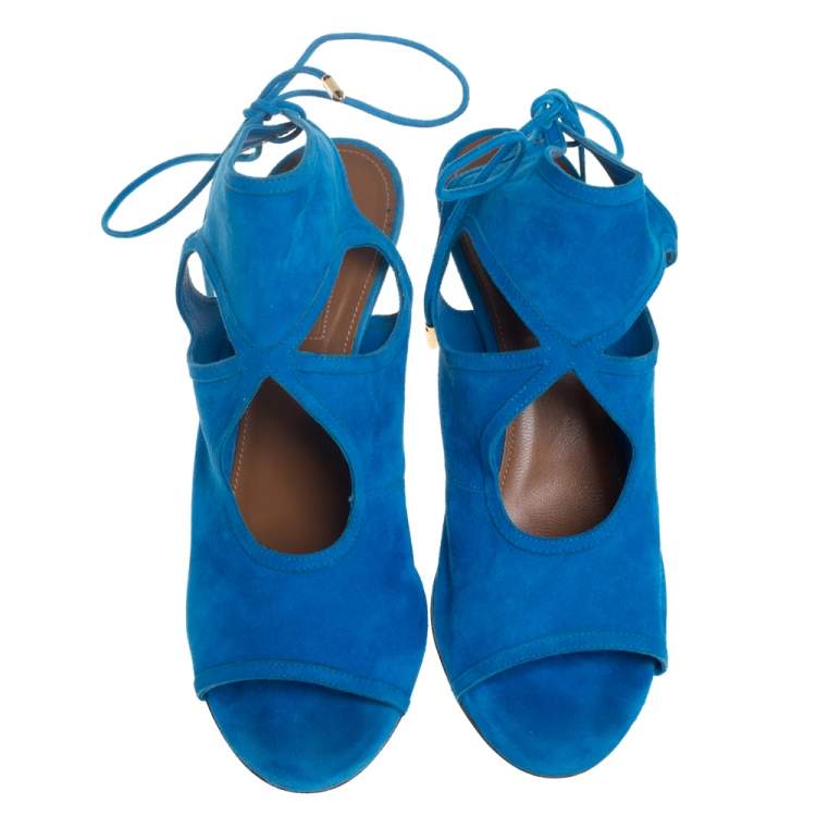Pre Owned Aquazzura Blue Suede Sexy Thing Peep Toe Sandals Size 39