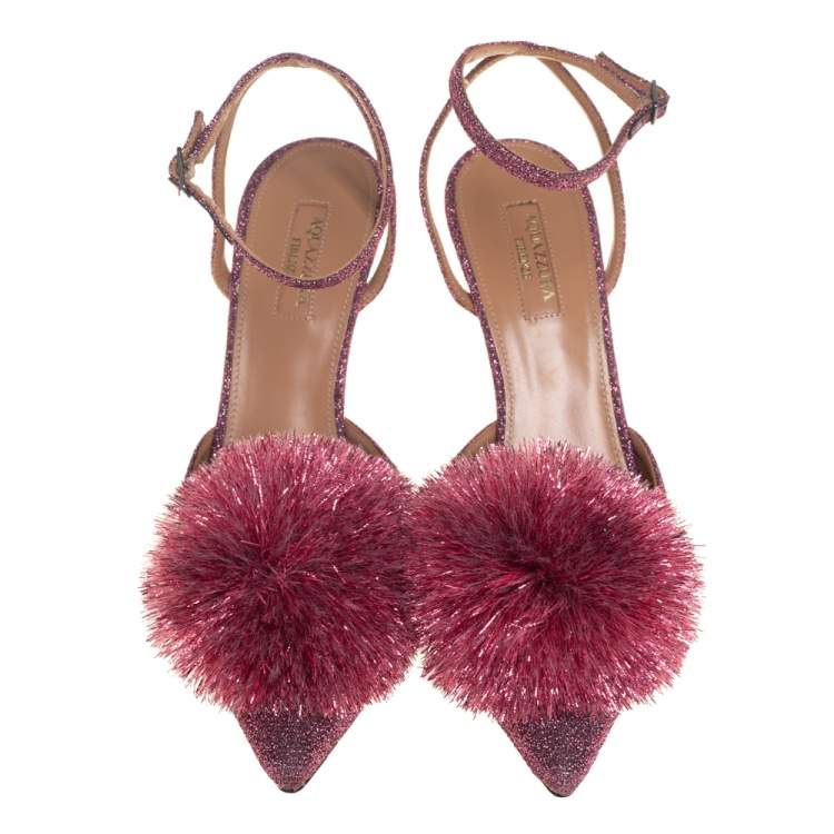 Pre Owned Aquazzura Pink Lurex Powder Puff Ankle Strap Sandals Size 39
