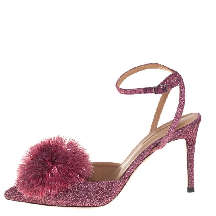 Pre Owned Aquazzura Pink Lurex Powder Puff Ankle Strap Sandals Size 39