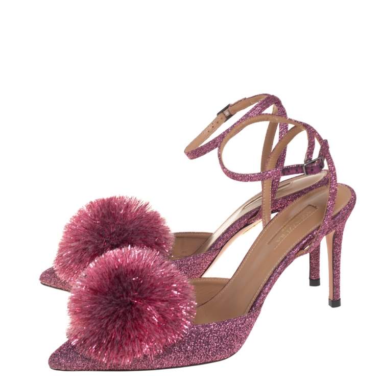 Pre Owned Aquazzura Pink Lurex Powder Puff Ankle Strap Sandals Size 39