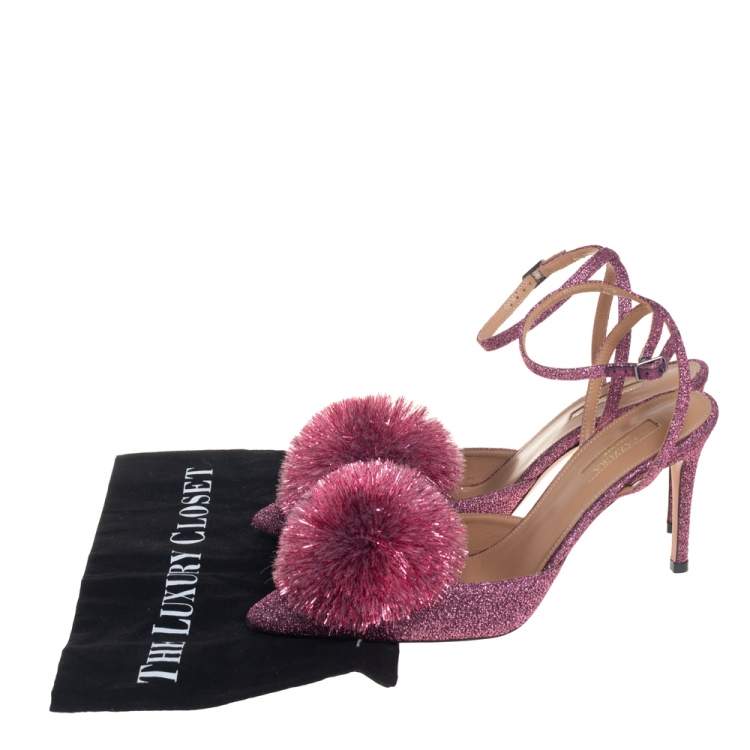 Pre Owned Aquazzura Pink Lurex Powder Puff Ankle Strap Sandals Size 39
