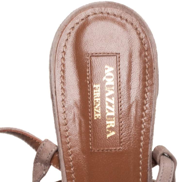 Pre Owned Aquazzura Beige Suede Wild Thing Fringe Ankle Wrap Sandals Size 39.5