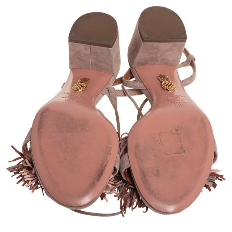 Pre Owned Aquazzura Beige Suede Wild Thing Fringe Ankle Wrap Sandals Size 39.5