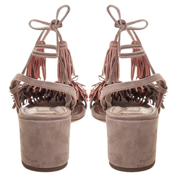 Pre Owned Aquazzura Beige Suede Wild Thing Fringe Ankle Wrap Sandals Size 39.5