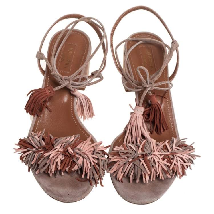 Pre Owned Aquazzura Beige Suede Wild Thing Fringe Ankle Wrap Sandals Size 39.5
