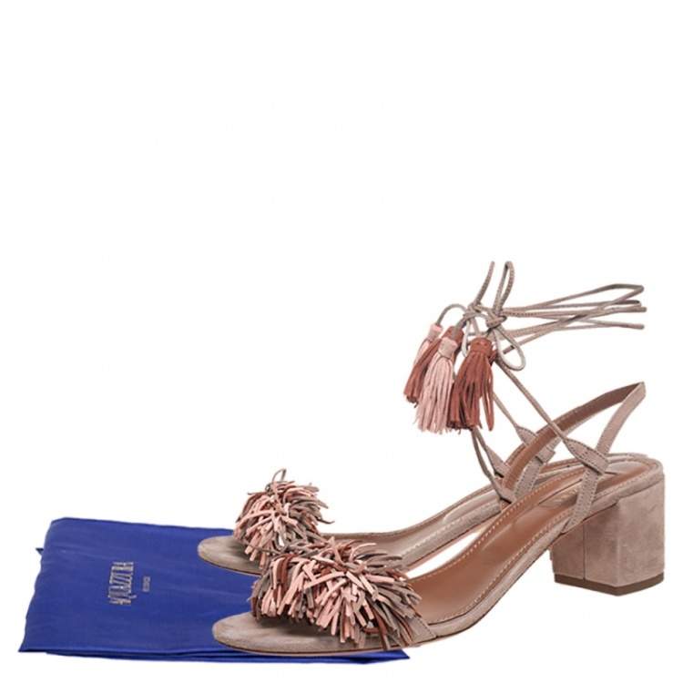 Pre Owned Aquazzura Beige Suede Wild Thing Fringe Ankle Wrap Sandals Size 39.5