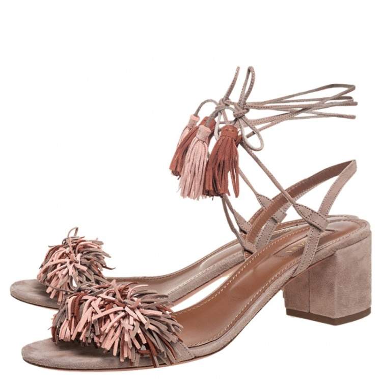 Pre Owned Aquazzura Beige Suede Wild Thing Fringe Ankle Wrap Sandals Size 39.5