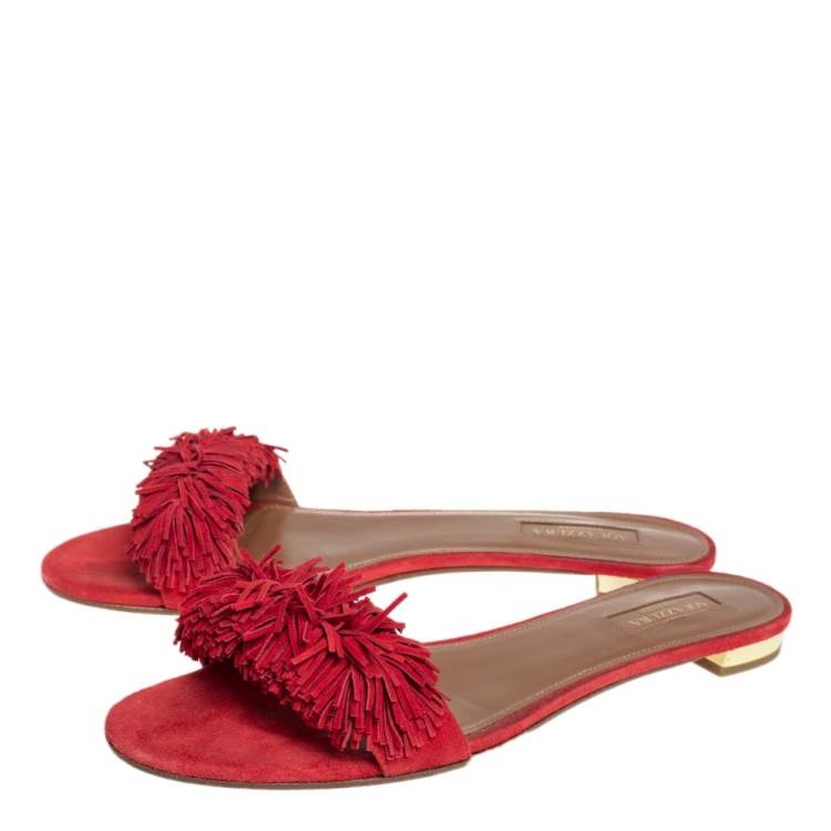 Pre Owned Aquazzura Red Suede  Fringe Wild Thing Flat Sandals Size 39.5