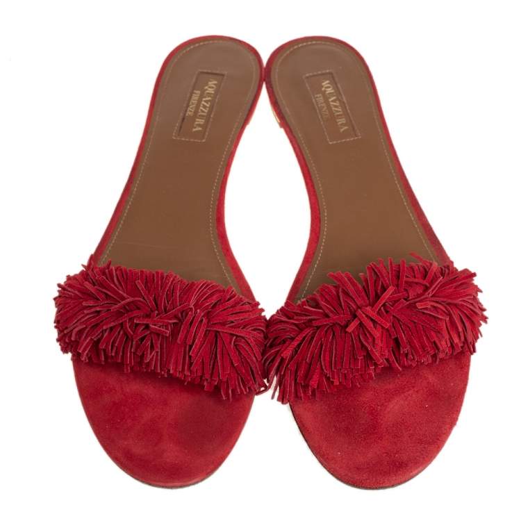 Pre Owned Aquazzura Red Suede  Fringe Wild Thing Flat Sandals Size 39.5