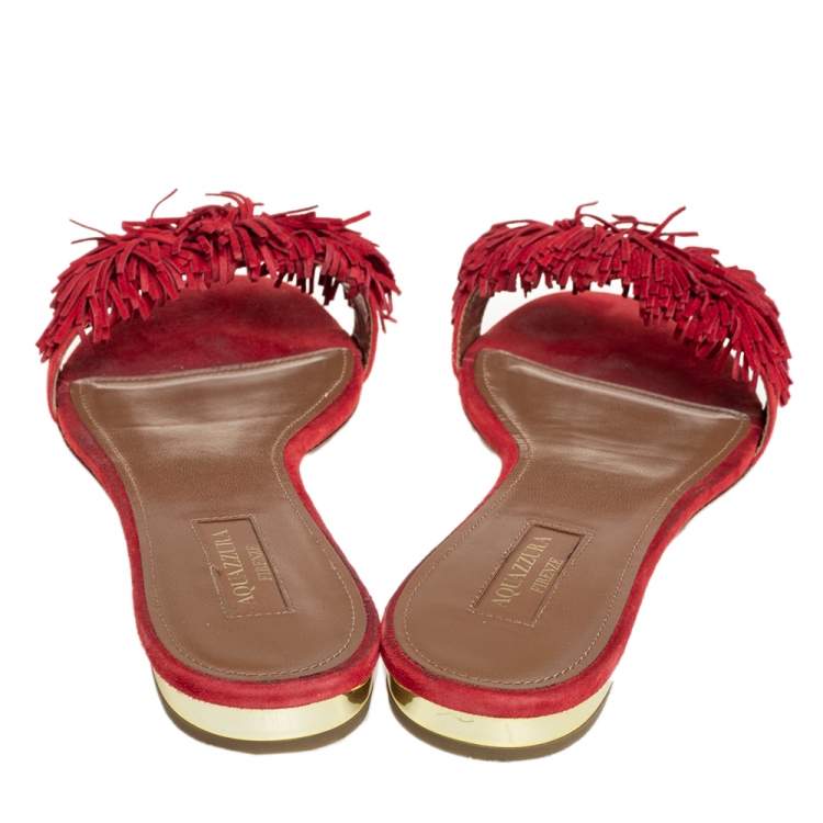Pre Owned Aquazzura Red Suede  Fringe Wild Thing Flat Sandals Size 39.5